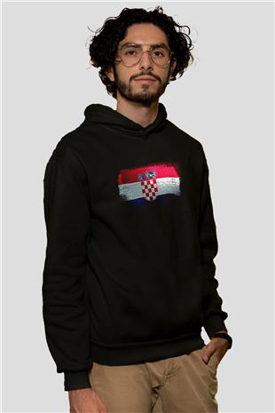 Hırvatistan - Croatia Bayrağı Baskılı Unisex Siyah Hoodie