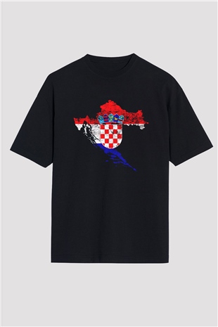 Hırvatistan Siyah Unisex Oversize Tişört T-Shirt