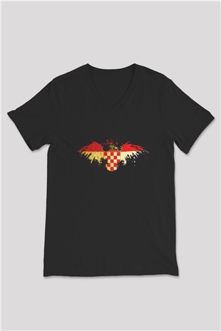 Hırvatistan Siyah Unisex V Yaka Tişört T-Shirt