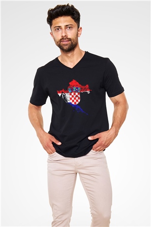 Hırvatistan Siyah Unisex V Yaka Tişört T-Shirt