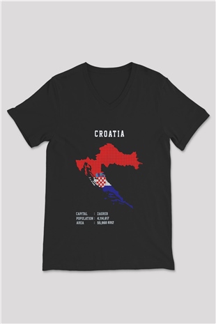 Hırvatistan Siyah Unisex V Yaka Tişört
