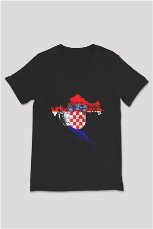Hırvatistan Siyah Unisex V Yaka Tişört T-Shirt