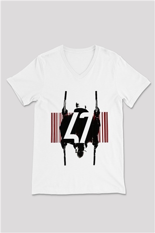Hitman Beyaz Unisex V Yaka Tişört T-Shirt