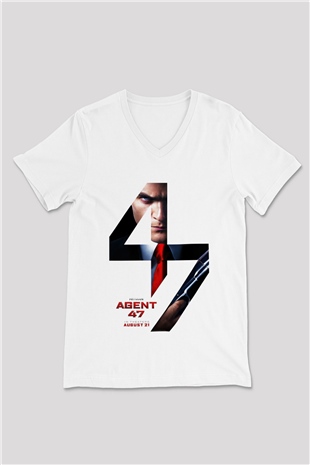 Hitman Beyaz Unisex V Yaka Tişört T-Shirt