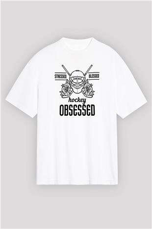 Hokey Baskılı Unisex Beyaz Oversize Tişört - Tshirt