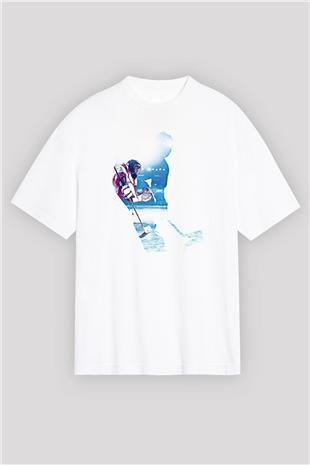 Hokey Baskılı Unisex Beyaz Oversize Tişört - Tshirt