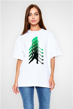 Hokey Baskılı Unisex Beyaz Oversize Tişört - Tshirt