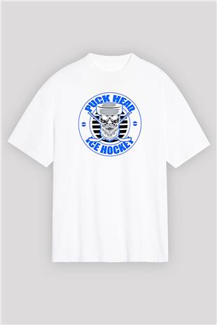 Hokey Baskılı Unisex Beyaz Oversize Tişört - Tshirt