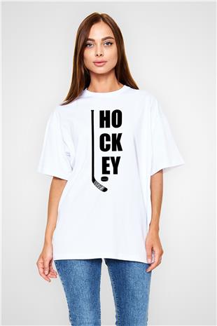 Hokey Baskılı Unisex Beyaz Oversize Tişört - Tshirt