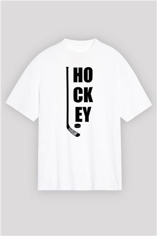 Hokey Baskılı Unisex Beyaz Oversize Tişört - Tshirt