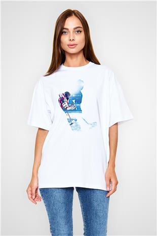 Hokey Baskılı Unisex Beyaz Oversize Tişört - Tshirt