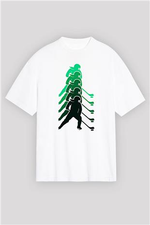 Hokey Baskılı Unisex Beyaz Oversize Tişört - Tshirt