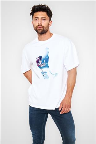 Hokey Baskılı Unisex Beyaz Oversize Tişört - Tshirt