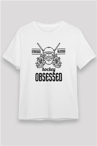 Hokey Baskılı Unisex Beyaz Tişört - Tshirt