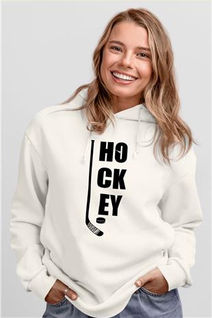 Hokey Baskılı Unisex Ekru Hoodie