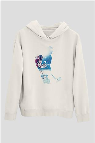 Hokey Baskılı Unisex Ekru Hoodie