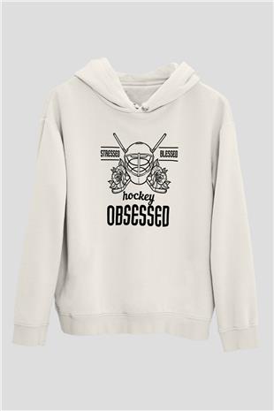 Hokey Baskılı Unisex Ekru Hoodie