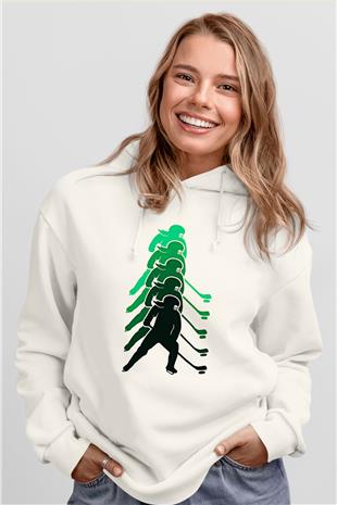Hokey Baskılı Unisex Ekru Hoodie