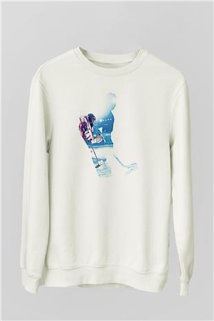 Hokey Baskılı Unisex Ekru Sweatshirt