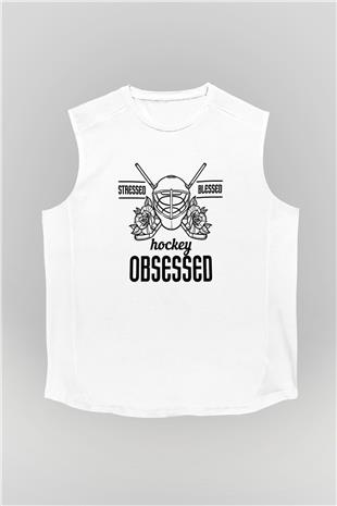 Hokey Baskılı Unisex Kolsuz Beyaz Tişört