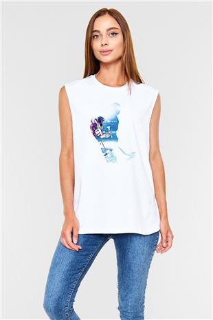 Hokey Baskılı Unisex Kolsuz Beyaz Tişört