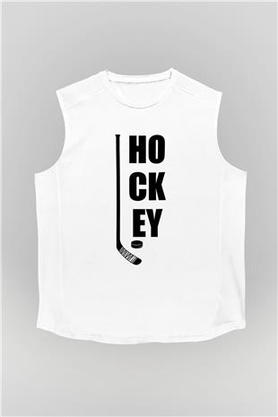 Hokey Baskılı Unisex Kolsuz Beyaz Tişört