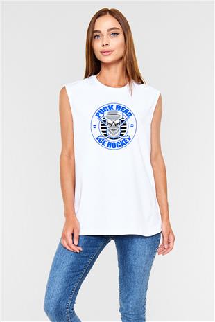 Hokey Baskılı Unisex Kolsuz Beyaz Tişört