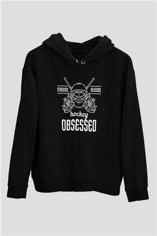 Hokey Baskılı Unisex Siyah Hoodie