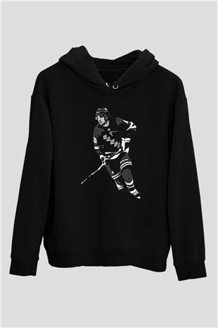 Hokey Baskılı Unisex Siyah Hoodie