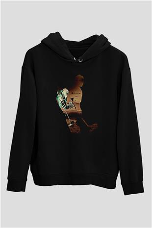 Hokey Baskılı Unisex Siyah Hoodie