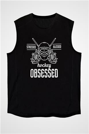 Hokey Baskılı Unisex Siyah Kolsuz Tişört