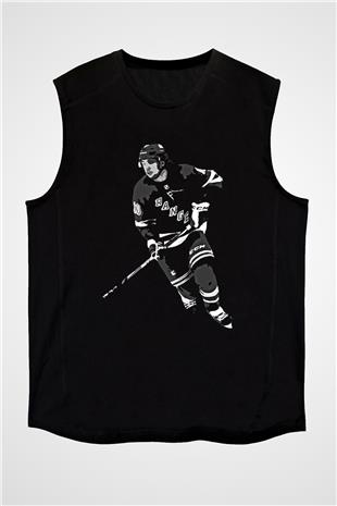 Hokey Baskılı Unisex Siyah Kolsuz Tişört