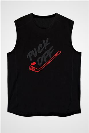 Hokey Baskılı Unisex Siyah Kolsuz Tişört