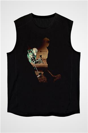 Hokey Baskılı Unisex Siyah Kolsuz Tişört