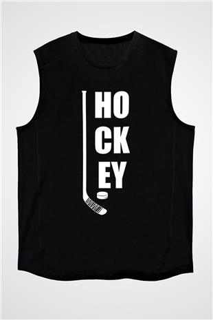 Hokey Baskılı Unisex Siyah Kolsuz Tişört