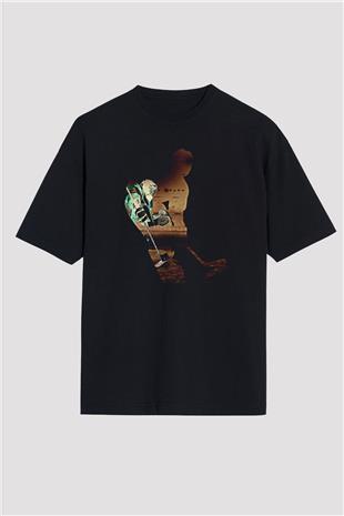 Hokey Baskılı Unisex Siyah Oversize Tişört