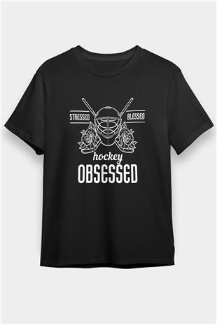 Hokey Baskılı Unisex Siyah Tişört - Tshirt