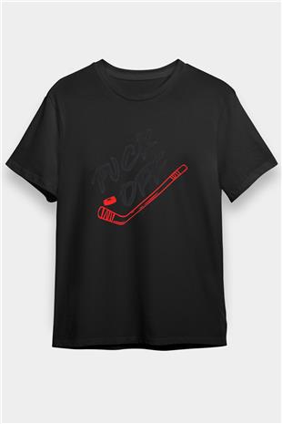 Hokey Baskılı Unisex Siyah Tişört - Tshirt