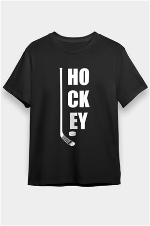 Hokey Baskılı Unisex Siyah Tişört - Tshirt