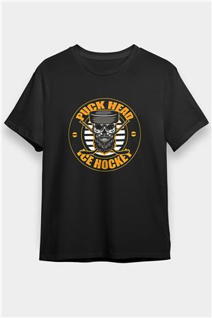 Hokey Baskılı Unisex Siyah Tişört - Tshirt