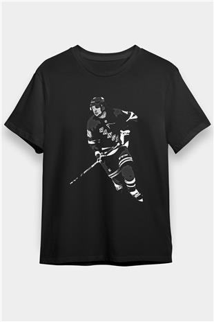 Hokey Baskılı Unisex Siyah Tişört - Tshirt
