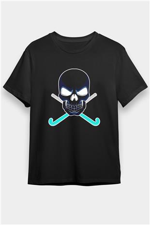 Hokey Baskılı Unisex Siyah Tişört - Tshirt