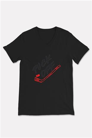 Hokey Baskılı Unisex Siyah V Yaka Tişört