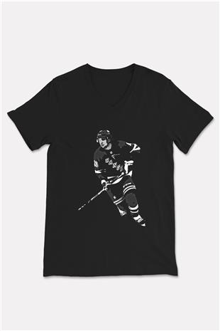 Hokey Baskılı Unisex Siyah V Yaka Tişört