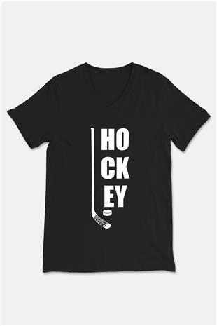 Hokey Baskılı Unisex Siyah V Yaka Tişört