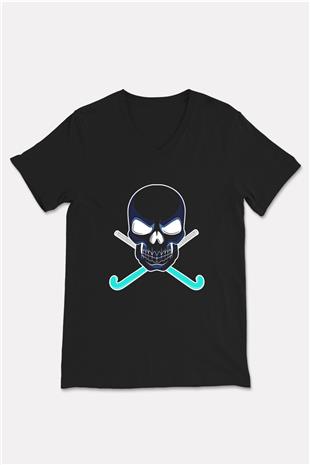 Hokey Baskılı Unisex Siyah V Yaka Tişört
