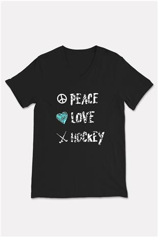 Hokey Baskılı Unisex Siyah V Yaka Tişört
