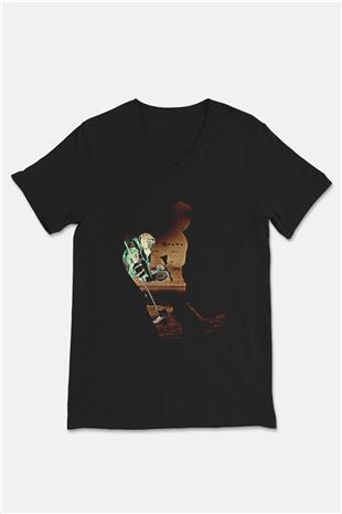 Hokey Baskılı Unisex Siyah V Yaka Tişört