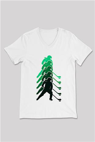 Hokey Baskılı Unisex V Yaka Tişört - Tshirt