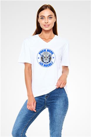 Hokey Baskılı Unisex V Yaka Tişört - Tshirt